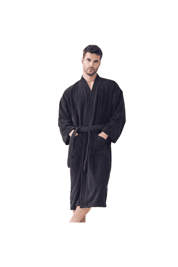 Soft Terry Cotton Kimono Robe for Men - Unisex Luxury Bathrobe for Everyday Comfort (Black) XXLarge