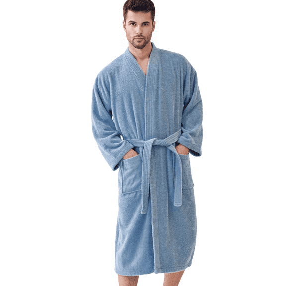 Elegani Soft Terry Cotton Kimono Robe for Men - Unisex Luxury Bathrobe for Everyday Comfort (Light Blue) Medium