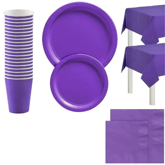 Elegani Tableware Kit for 20 Guests; Plates, Napkins, Cups, Utensils, Table Covers Set, Purple
