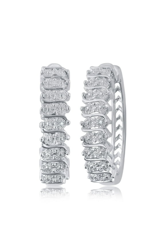 Elegant 0.02 Carat Natural Diamond Accent Hoop Earrings In 14K White Gold Plated
