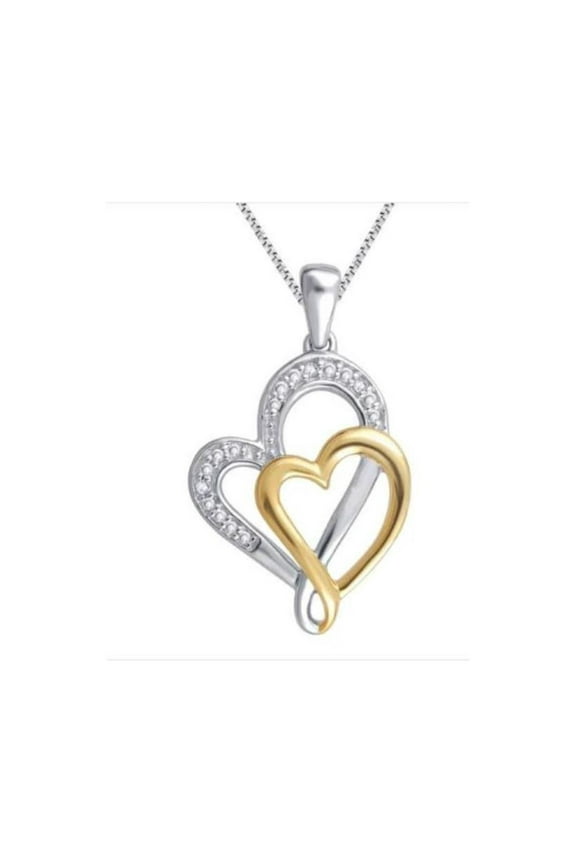 Elegant 0.03 Carat Two Tone Double Heart Diamond Necklace In 14K White Gold Plated