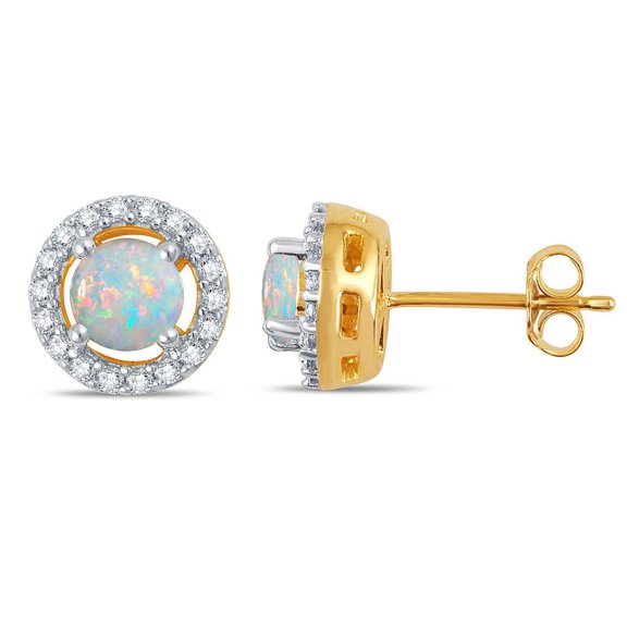 Elegant 0.42 Ctw Created Round Shaped Opal & White Sapphire Earrings In 14K Yellow Gold Plated