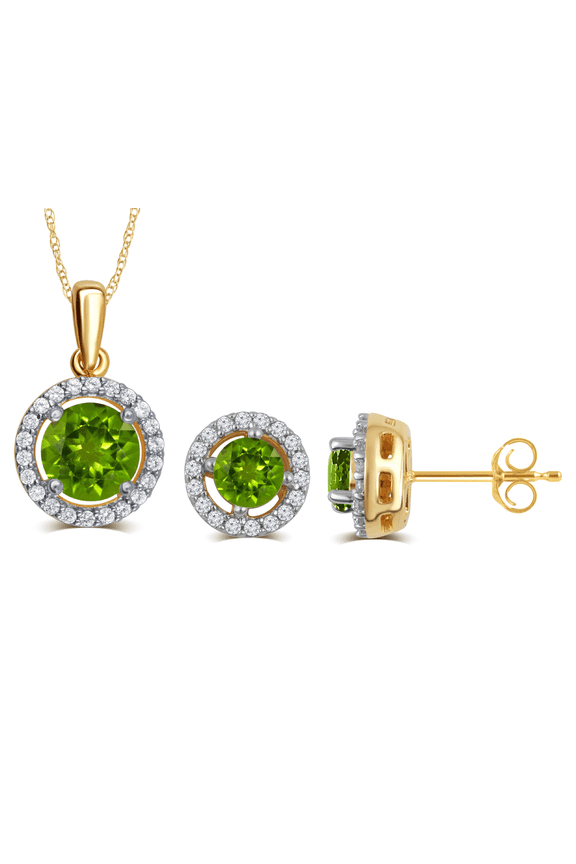 Elegant 0.80 Ctw Created Round Shaped Peridot & White Sapphire Necklace And Earrings Set In 14K Yellow Gold Plated