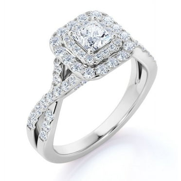 JeenMata Elegant 1 Carat - Square Cut Diamond - Twisted Band - Pave - Double Halo Engagement Ring - 10K White Gold