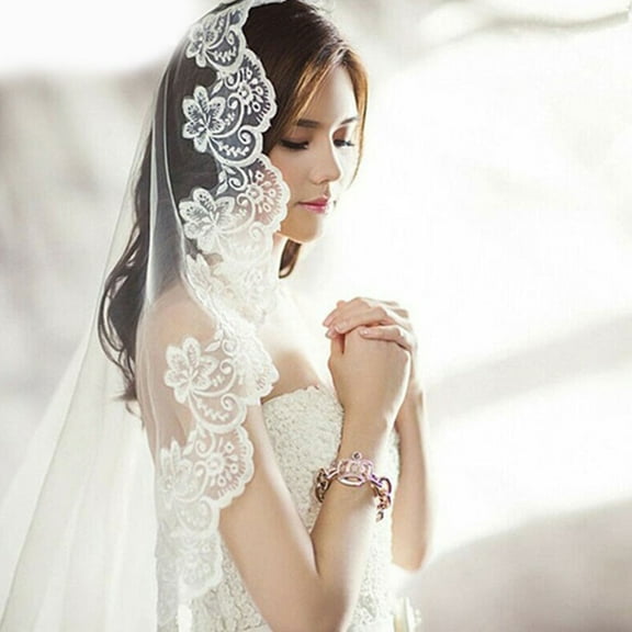 Elegant 1 Tier Lace Applique Edge Fingertip Wedding Bridal Veil - White, 4.9ft