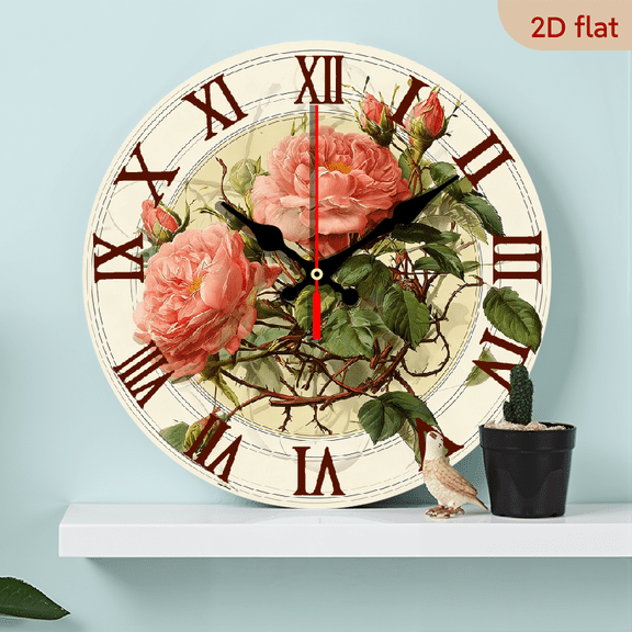 Elegant 10-Inch Silent Wall Clock with Blooming Roses Design - Wood Veneer, Round Flat - Battery Operated Included) - Perfect for Living Room, Bedroom, Kitchen - Chic Home Office