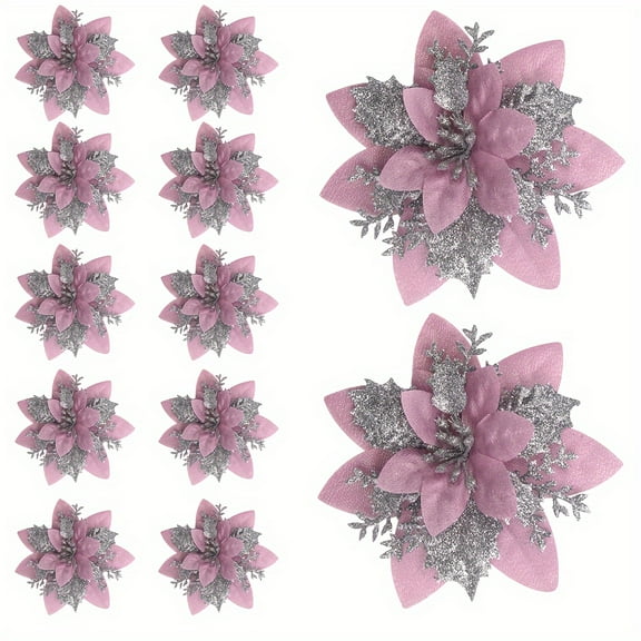 Elegant 10-Pack Golden Pink Clip-on Christmas Flowers Multi-Holiday Durable Art Deco Ornaments
