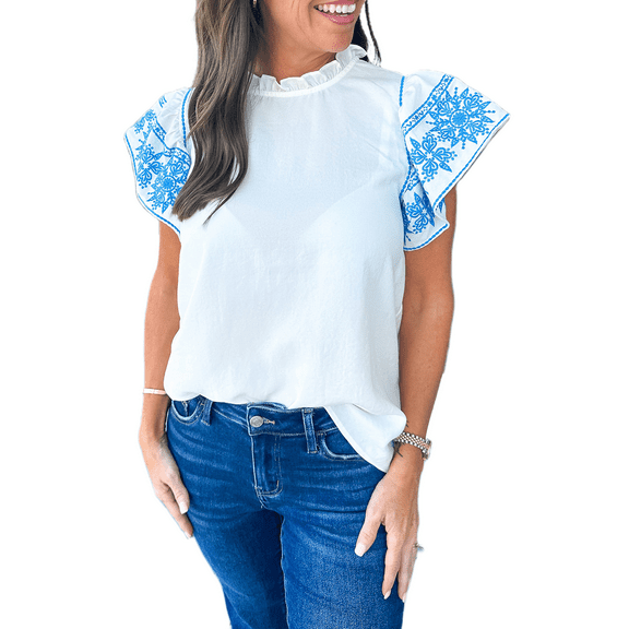 Elegant 100% Cotton Blouse: White Embroidered Cap Sleeve Top