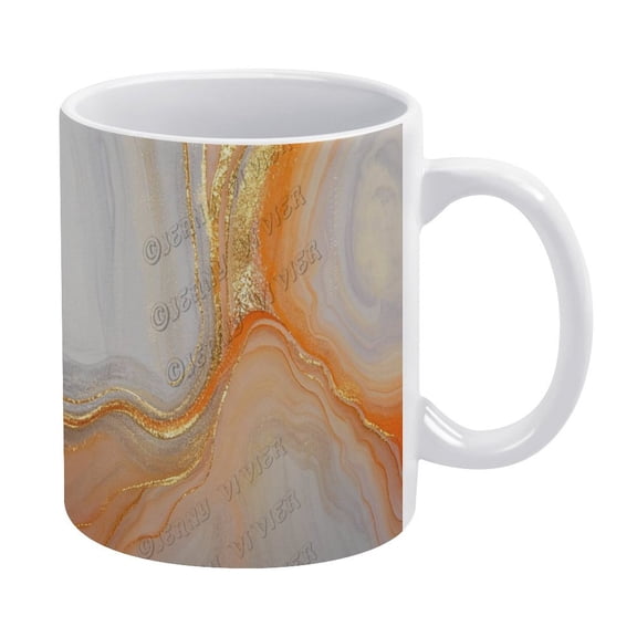 Elegant 11 Oz Orange and Gold Marble Tea Cup - Ceramic Coffee Mug, Gift for Women and Men for Birthdays and Christmas