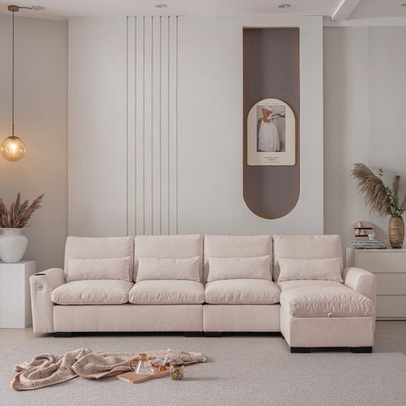 [Modern 220cm L Shaped Chenille Sofa with Reversible Ottoman & Storage]