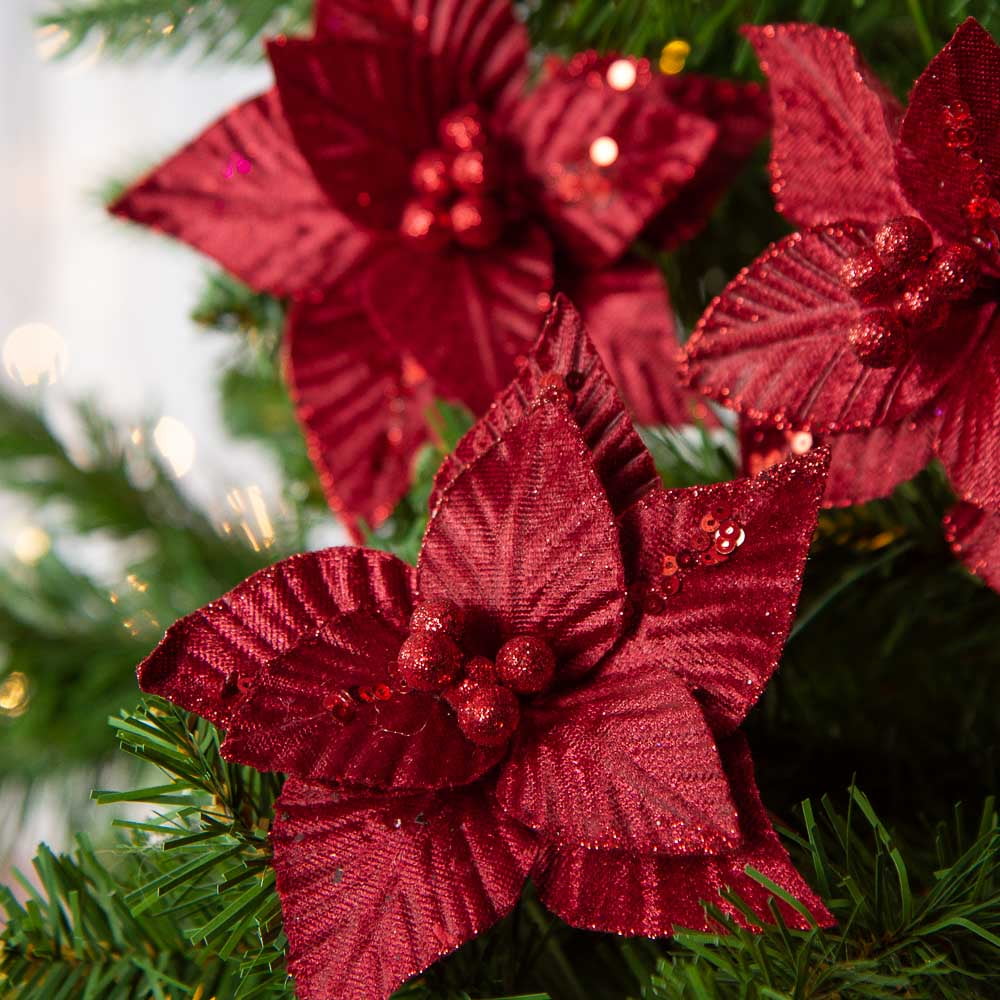 Elegant 12 Burgundy Velveteen Poinsettias with Clips for Flawless