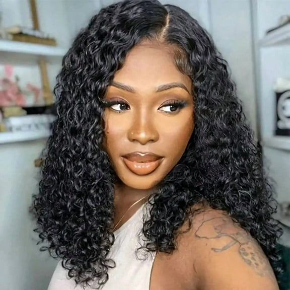 Elegant 14-Inch Black Lace Front Wig for Women - Soft, Breathable High temperature wire Material with Pre-Plucked Deep Wave Curly Bob Style, 150% Density, Ideal