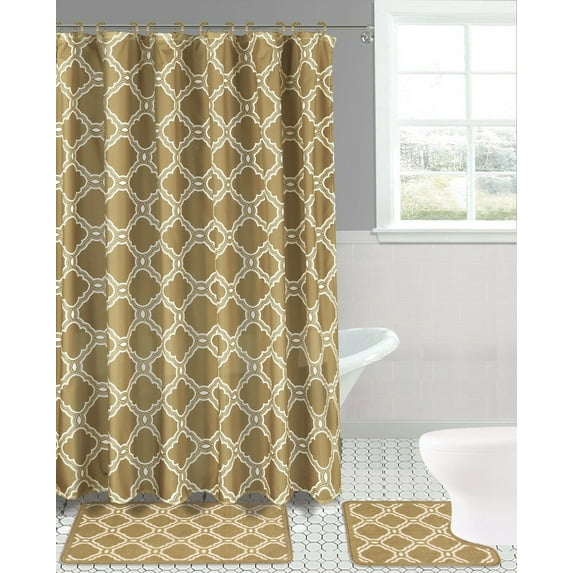 Elegant 15PC Set Bathroom Honey Geometric Design Taupe Color Rug Softy Washable Includes : 1 Bath Mat 18"X 30",1 Bath Mat 17"X 17",12 Fabric Covered Hooks,1 Shower Curtain 70"X 72" Antislip