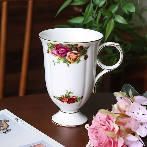 Elegant 15oz Vintage Floral Bone China Mug for Tea, Coffee, Lattes, and Cereal Microwave & Dishwasher Safe