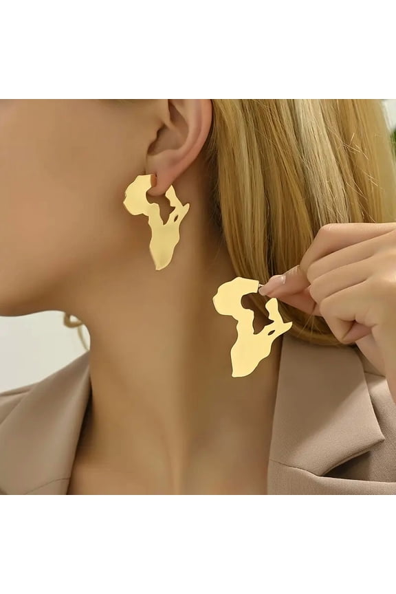 Elegant 18K Gold-Plated Africa Map Earrings - Chic Iron Dangle Studs with Vibrant Yellow Finish, Perfect for Fashion-Forward Women