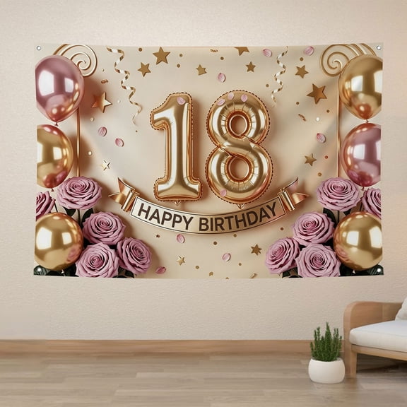 Elegant 18th Birthday Backdrop Pink Golden Balloons Number 18 Photography Background Pink Purple Floral 18th Happy Birthday Party Decorations Banner Supplies Photo Booth Props