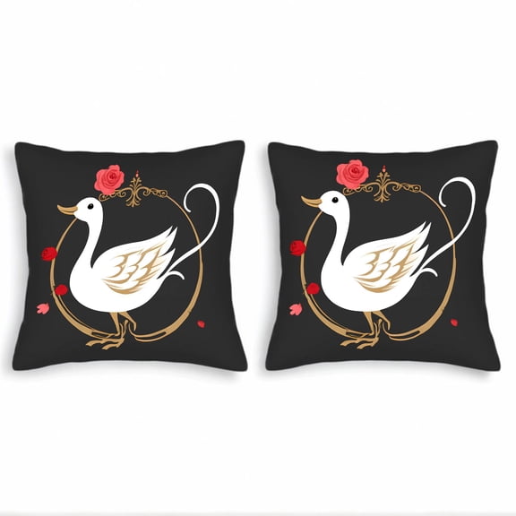 Elegant 18x18in Throw Pillow Covers Set of 2 - White Swan with Golden Frame Intricate Patterns Red Roses & Pink Petals on Black Background