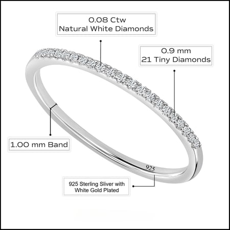 Elegant 1mm Solid 925 Silver Natural Diamond Stackable Eternity Band