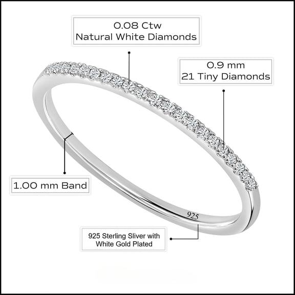 Elegant 1mm Solid 925 Silver Natural Diamond Stackable Eternity Band