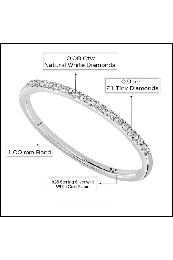 Elegant 1mm Solid 925 Silver Natural Diamond Stackable Eternity Band