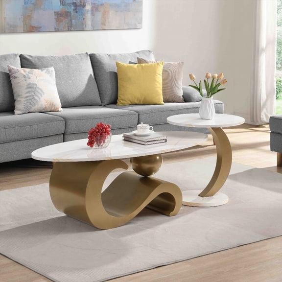 Elegant 2-Piece Coffee Table Set | Oval & Round | Golden
