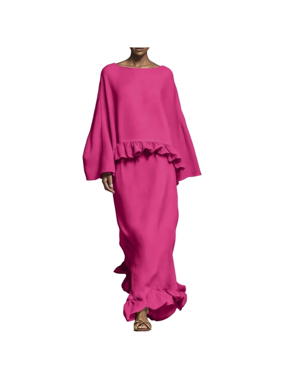 Elegant 2 Piece Linen Sets for Women Bell Sleeve Ruffle Hem Summer Maxi Skirt Business Casual Matching Outfits