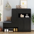 thumbnail image 1 of Elegant 2-in-1 Shoe Cabinet Bench, Black, Modern Entryway Storage with Cushion, Arched Doors & Adjustable Shelves, Hallway/Living Room Organizer, 1 of 17