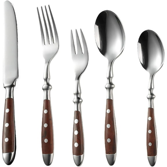 Yardly 20-Piece Silver Flatware Sets with Wood Grain Handles
