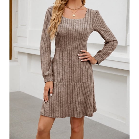 Elegant 2025 European Square Neckline Doll Dress With Puff Sleeves, Long Sleeve Pocket A-Line Casual Dress For Women Sweater Dress For Women