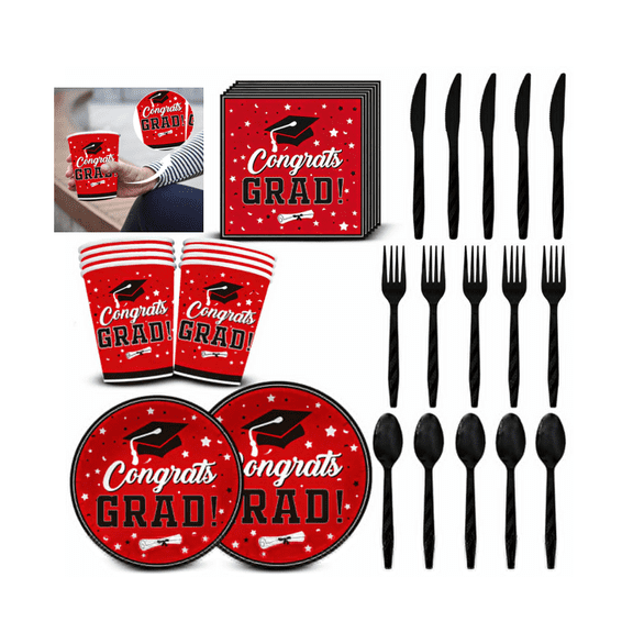 Elegant 2026 Graduation Plates and Napkins – Red Graduation Decorations Class of 2026 Disposable Paper Plates, Napkins and Forks for Congrats Grad Party Decorations(C Black 10Pcs)