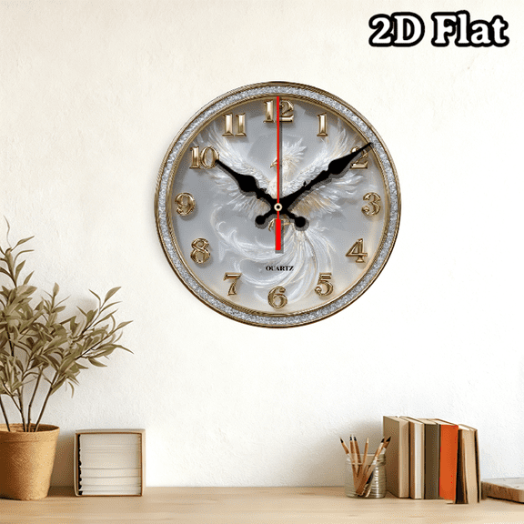 Elegant 2D Flat White Phoenix Wall Clock with Diamond-Cut Crystal Frame – Quartz Movement, Stunning Mythical Bird Design, Perfect Decor for Bedroom, Living Room, or Sophisticated Home Spaces