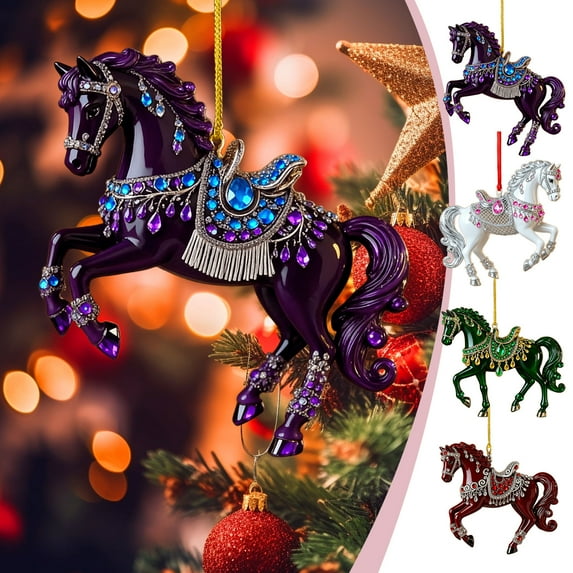 Elegant 2D Horse Ornament 3.15 Inch with Crystal Saddle - Sparkling Christmas Tree Decor for Holiday Home - Luxury Equestrian Themed Pendant for Xmas Decorations - Shiny Gift for Horse Lovers