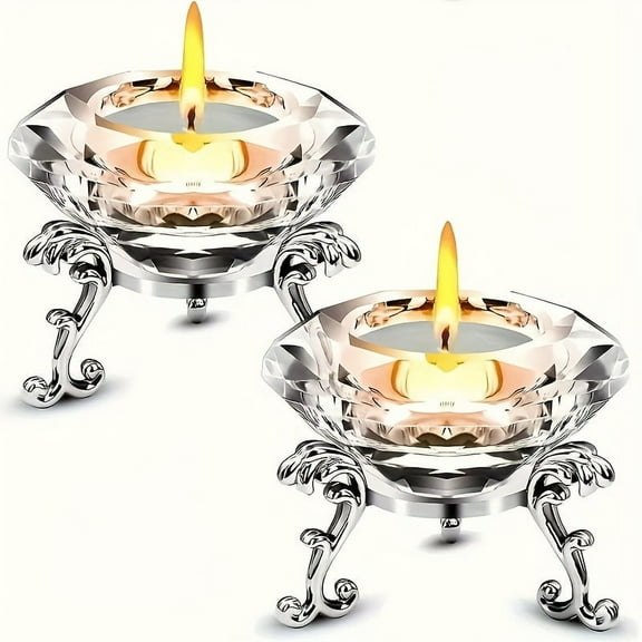 Elegant 2pcs K9 Crystal Diamond Candle Holder Set with Polished Metal Base - Perfect for Home, Office & Party Decor, Heart Theme