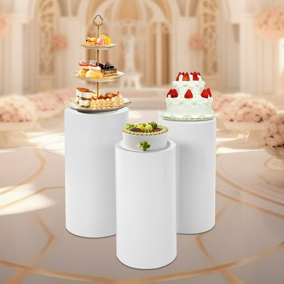 Elegant 3-Piece Cylindrical Display Stand Set, White Iron Pedestal, Ideal for Weddings, Banquets, Dessert Table, Holds Up to 66 lbs