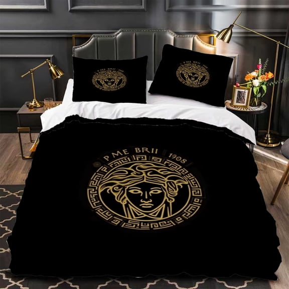 Elegant 3-Piece Duvet Cover Set in Black & White with Golden Emblem Greek Key Pattern and Stylish Matching Pillows