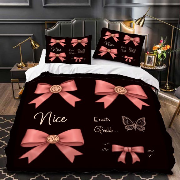 Elegant 3-Piece Duvet Cover Set with Black Background Large Pink Bow Pattern & ' Nice ' Cursive Text - Modern Bedroom Decor