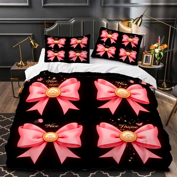 Elegant 3-Piece Duvet Cover Set with Black Base Large Pink Bows & Gold Accents Featuring ' Nice ' & ' Fruite ' in Cursive Font