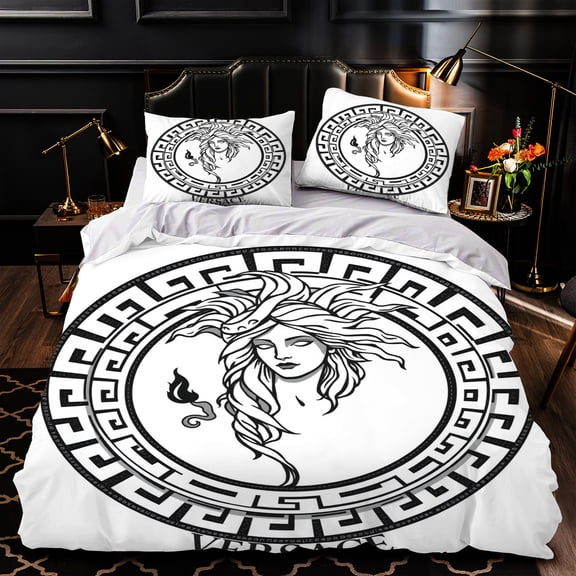 Elegant 3-Piece Duvet Cover Set with Black Greek Key Pattern & Classical Goddess Design - Luxurious White Bedding for Bedrooms