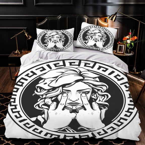 Elegant 3-Piece Duvet Cover Set with Black - White Circular Design Featuring Classical Figure & Greek Key Pattern Perfect for Dark Bedroom Decor
