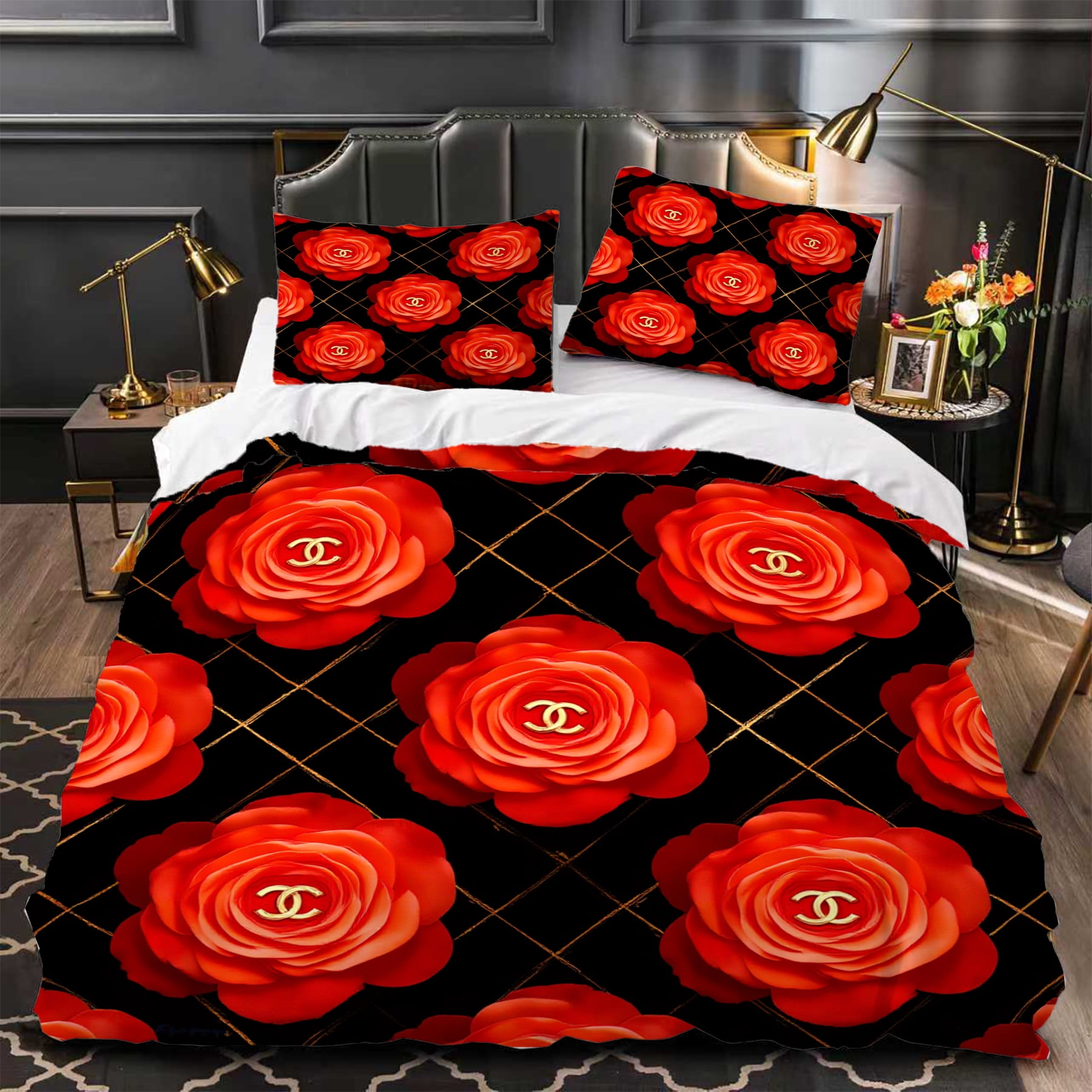Elegant 3-Piece Duvet Cover Set with Black and Gold Floral Pattern ...