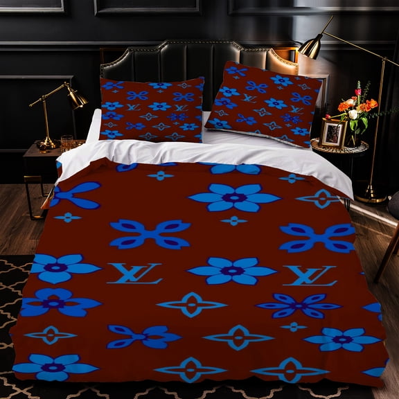 Elegant 3-Piece Duvet Cover Set with Blue Floral Pattern & Monogrammed - Luxurious Brown & Blue Design for Modern Bedrooms