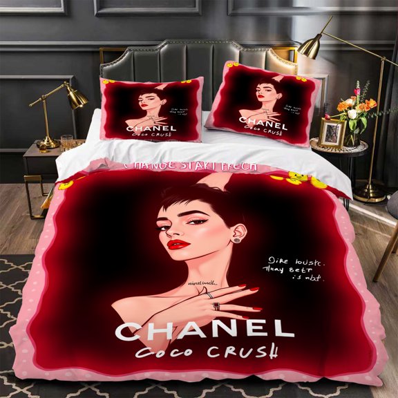 Elegant 3-Piece Duvet Cover Set with Bold Red Background & Stylish Woman Illustration - Chic Bedroom Decor