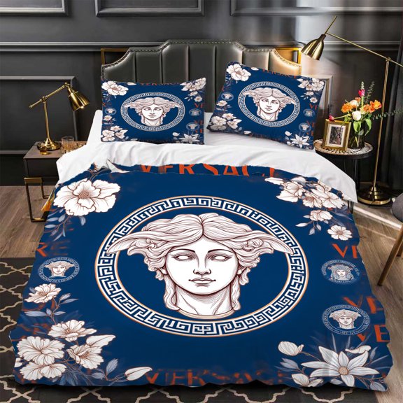 Elegant 3-Piece Duvet Cover Set with Classical Blue Floral Patterns & Greek Key Border Perfect for Modern Bedroom Decor