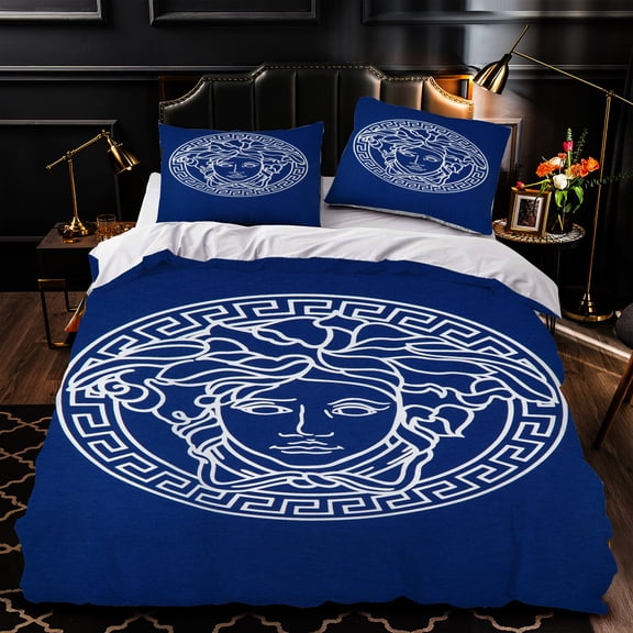 Elegant 3-Piece Duvet Cover Set with Classical Figure Design and Greek Key Pattern White and Blue Bedding for Bedrooms