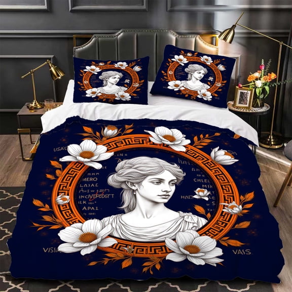 Elegant 3-Piece Duvet Cover Set with Classical White Bust and Floral Design on Dark Blue Background - Bedroom Decor