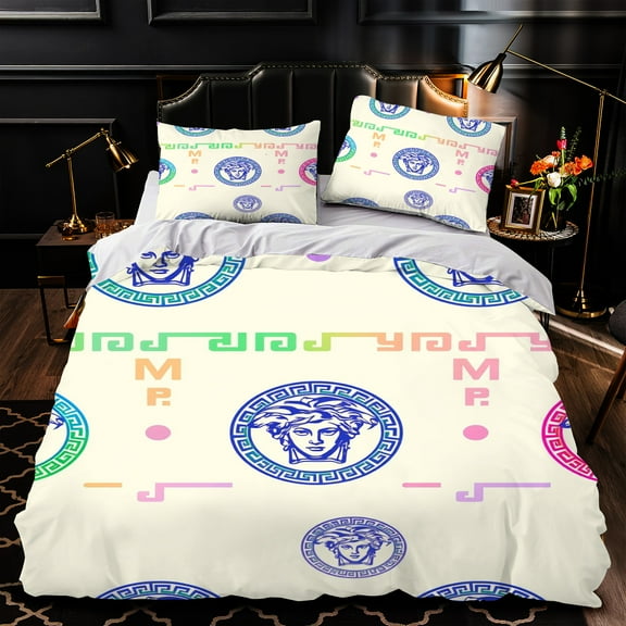 Elegant 3-Piece Duvet Cover Set with Colorful Greek Key Design & Mythical Figure Pattern - Luxurious Bedding for Modern Bedrooms