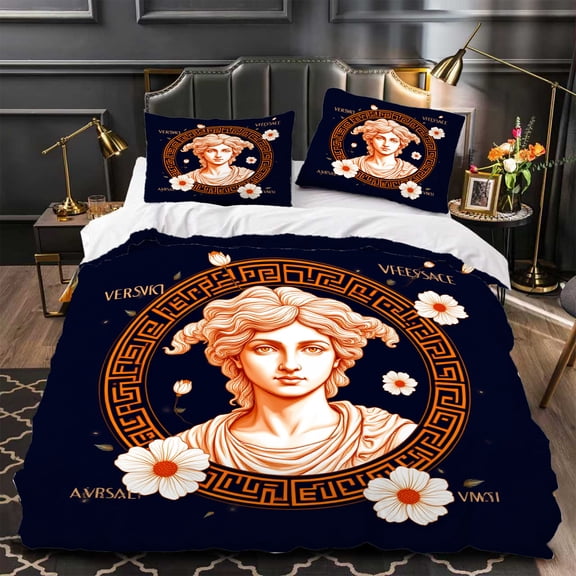Elegant 3-Piece Duvet Cover Set with Dark Blue Greek Key Pattern & Classical Statue Design Includes Matching Pillows Bedroom Decor