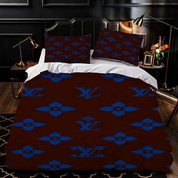 Elegant 3-Piece Duvet Cover Set with Dark Brown & Blue Floral Interlocking & Pattern - Luxurious Bedding for Modern Bedrooms