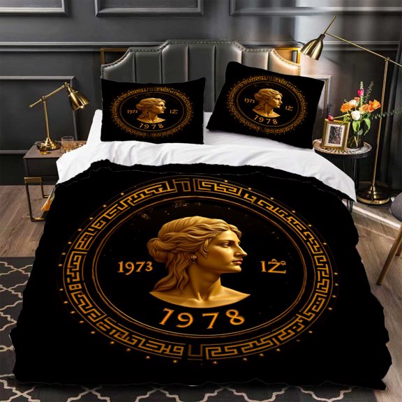 Elegant 3-Piece Duvet Cover Set with Gold Bust Design & Greek Key Patterns Black & Gold Bedding for a Bedroom