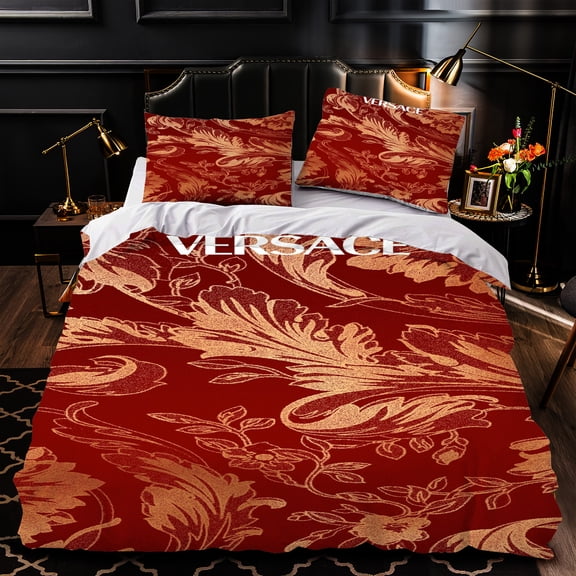 Elegant 3-Piece Duvet Cover Set with Intricate Gold Floral Pattern on Rich Red Background Luxurious Bedding for Bedrooms